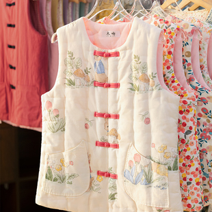 马夹坎肩 盘扣女士2024新款 纯棉花棉马甲保暖碎花手工冬季 加厚中式