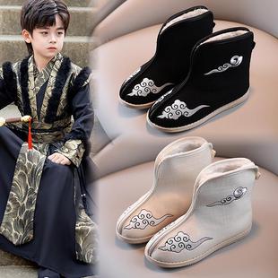 男童靴子冬季宋制古风汉服鞋加绒马面裙老北京黑色布鞋儿童雪地靴