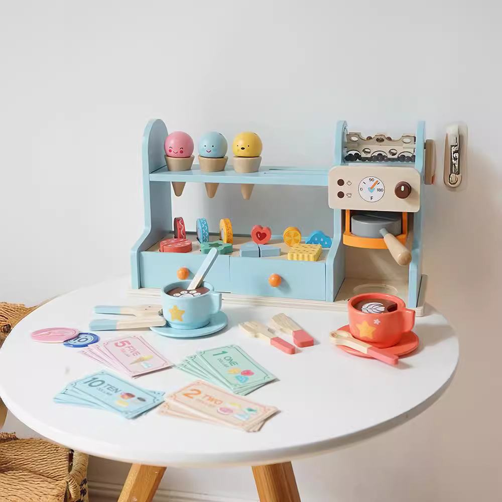儿童冰淇淋玩具木质雪糕店咖啡机冰激凌组合男女孩过家家生日礼物