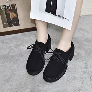 2026春季新款女士皮鞋高跟女鞋子厚底单鞋粗跟绒面超软羊皮乐福鞋