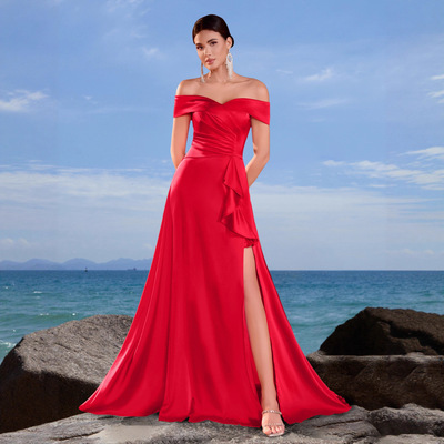 elegant banquet party evening dress with split ruffle edge