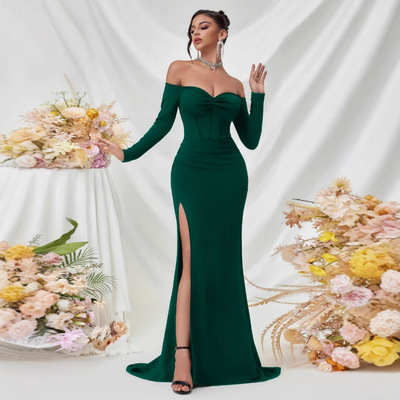 high slit slimming off off shoulder party bridesmaid dress