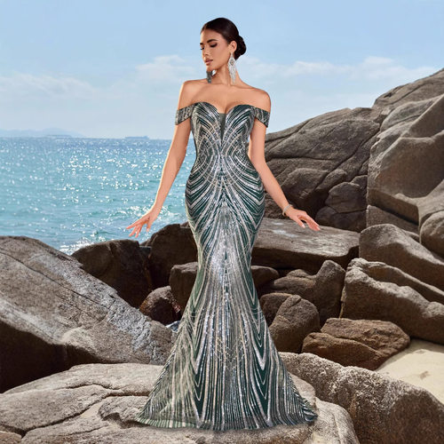 with a slim fit and a fall to the ground party evening gown