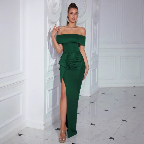 s solid color elegant pleated socialite party evening dress