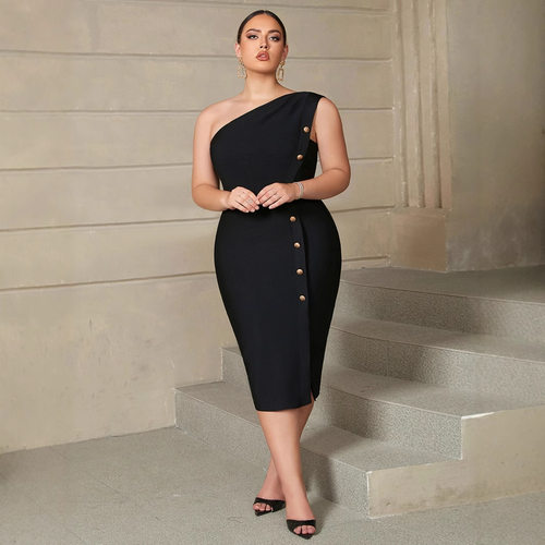 tic sloping shoulder dress elegant metal button slit Bandag