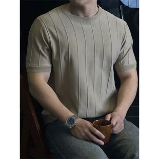 300斤大码轻熟风男士条纹短袖T恤男简约套头纯色宽松针织打底衫夏