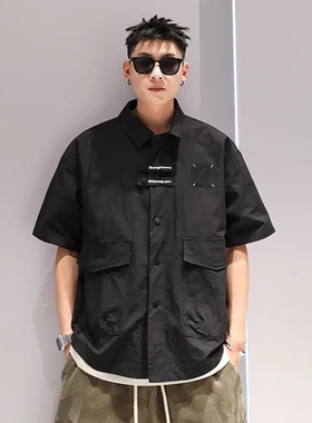 300斤加肥加大码黑色工装衬衫夏季男薄款短袖280痞帅风宽松上衣潮
