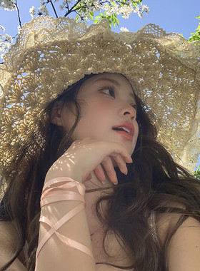 蕾丝花边蝴蝶结大帽檐草帽系带镂空海边度假草编遮阳帽甜美拍照