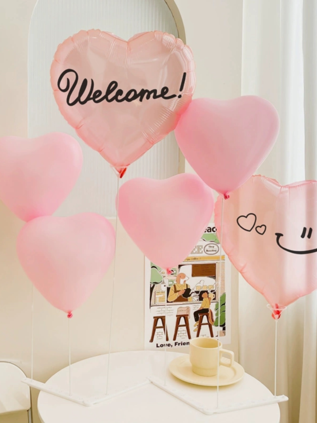 商场门店吧台前台心形气球装饰场景布置欢迎光临节日装扮室内桌飘