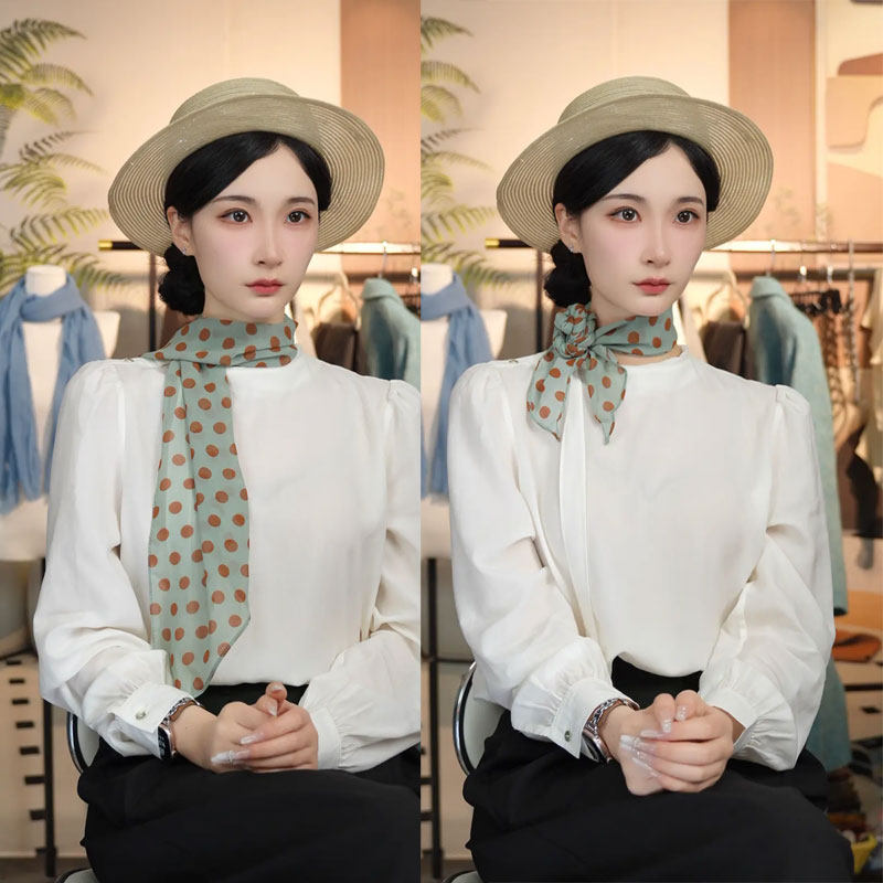 绿咖波点春夏新款乔其纱斜角长条飘带时尚百搭装饰护颈丝巾围巾