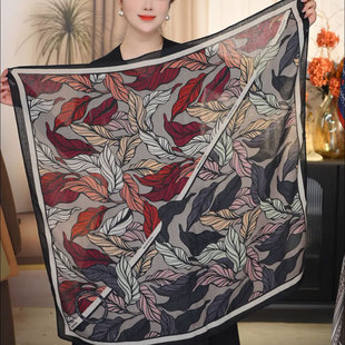 秋冬新款轻柔树叶90方巾围巾丝绒软糯舒适百搭围脖系腰丝巾披肩