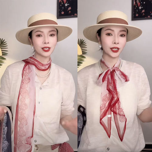 红玫瑰乔其纱斜角飘带长条巾丝巾