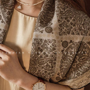 秋冬新款老钱腰果风90方巾围巾丝绒软糯舒适百搭围脖系腰丝巾披肩