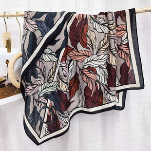 秋冬新款一叶知秋90方巾围巾丝绒软糯舒适百搭围脖系腰丝巾披肩