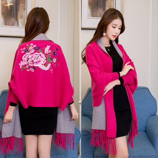 新款围巾披肩羊绒斗篷秋冬百搭针织流苏可穿带袖披风保暖旗袍两用