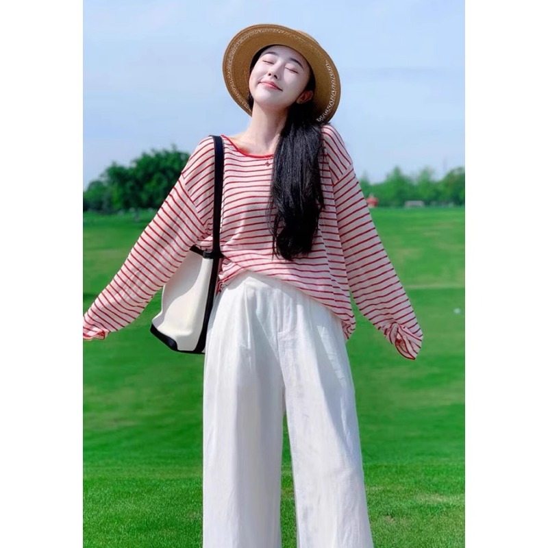 红色条纹防晒长袖T恤女