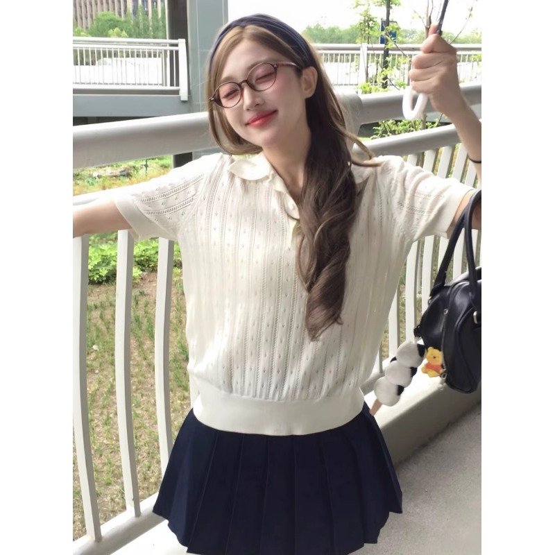 美式复古白色正肩镂空冰丝针织短袖T恤女夏季修身翻领polo衫上衣