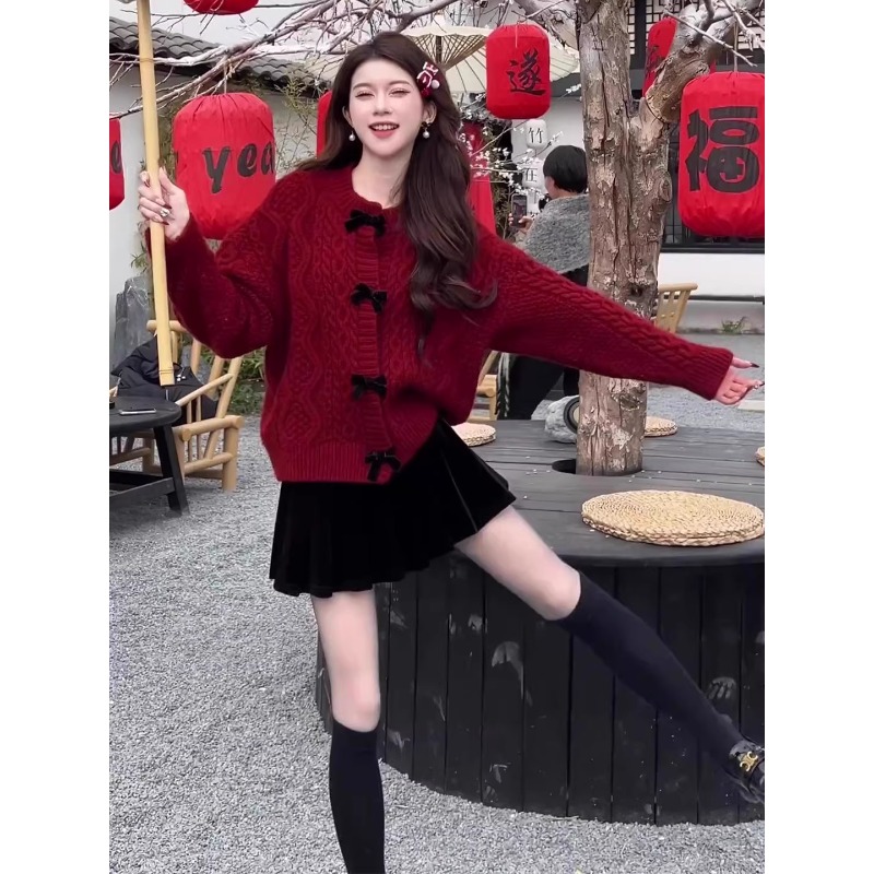 红色蝴蝶结麻花毛衣外套女秋冬季