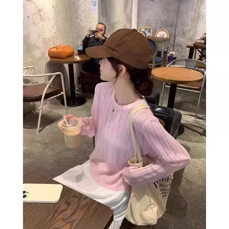 粉色后背镂空冰丝长袖针织衫女夏季薄款防晒罩衫空调衫多巴胺上衣