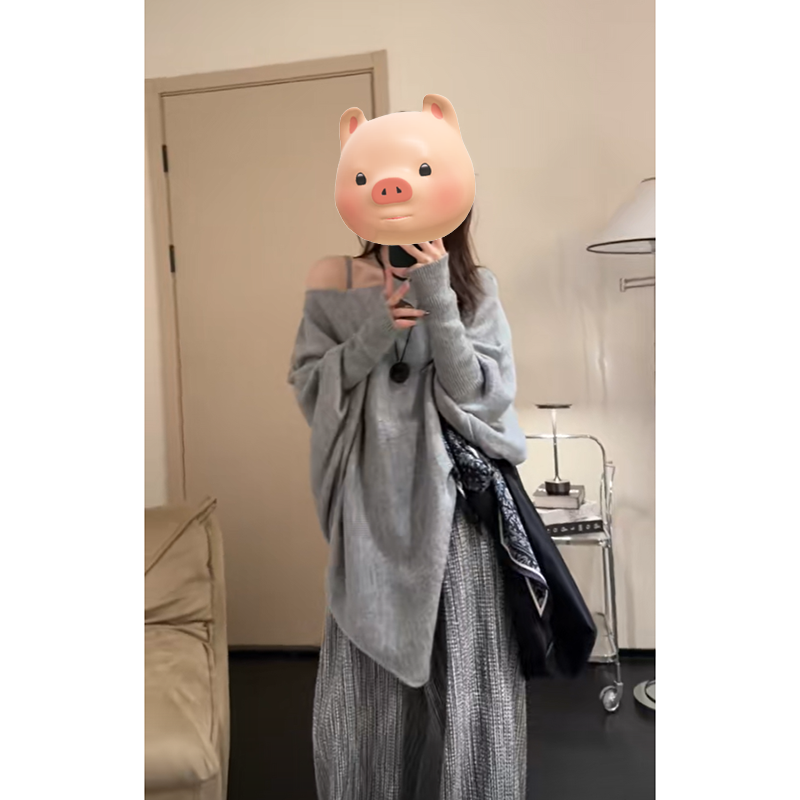 灰色不规则蝙蝠袖毛衣女2025早秋新款宽松慵懒风中长款针织衫上衣