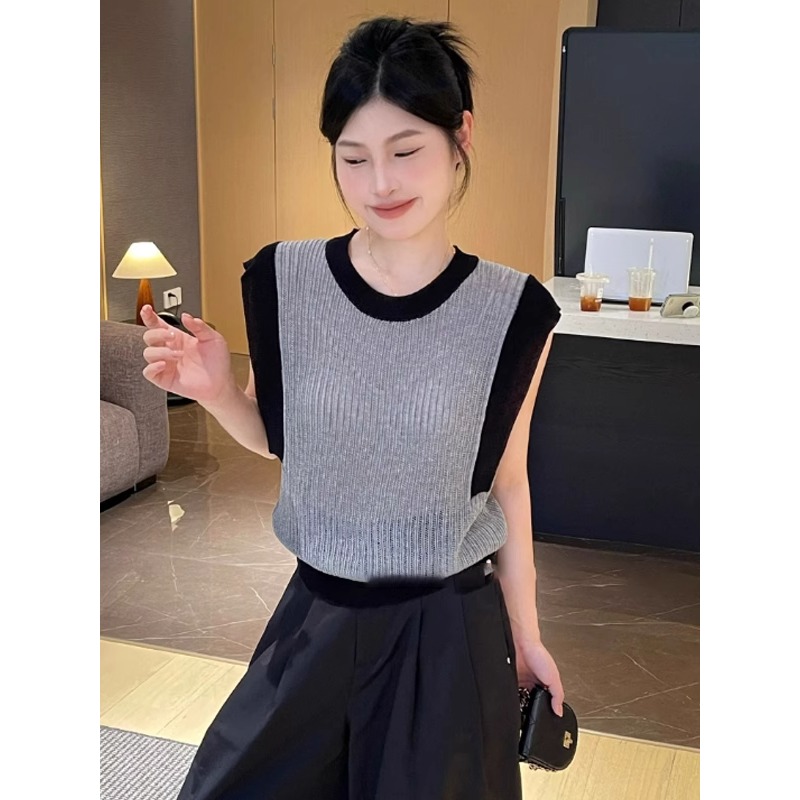 撞色拼接圆领镂空冰丝针织背心女夏外穿薄款宽松显瘦无袖坎肩上衣