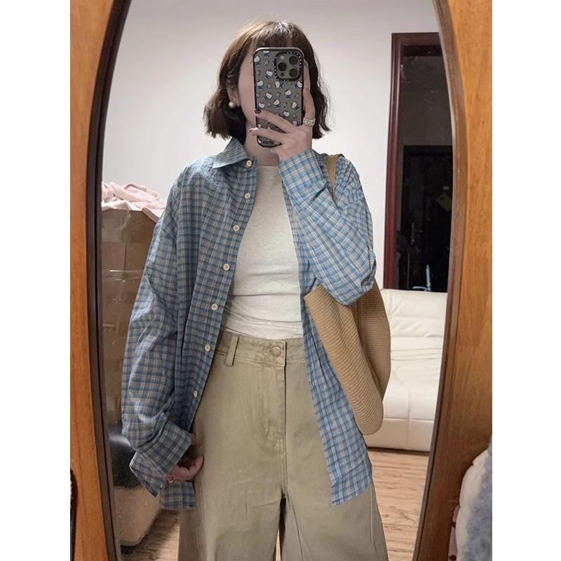 蓝色格子长袖防晒衬衫女2025早春季新款宽松外搭衬衣外套百搭上衣