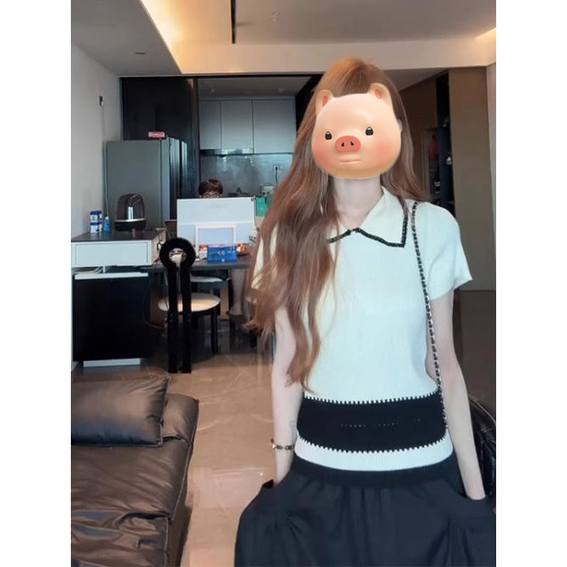 撞色翻领冰丝针织短袖T恤女