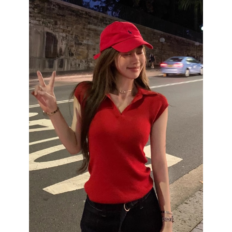 法式翻领红色正肩冰丝针织短袖T恤女夏季修身显瘦短款polo衫上衣
