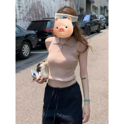 粉色翻领冰丝针织背心女夏