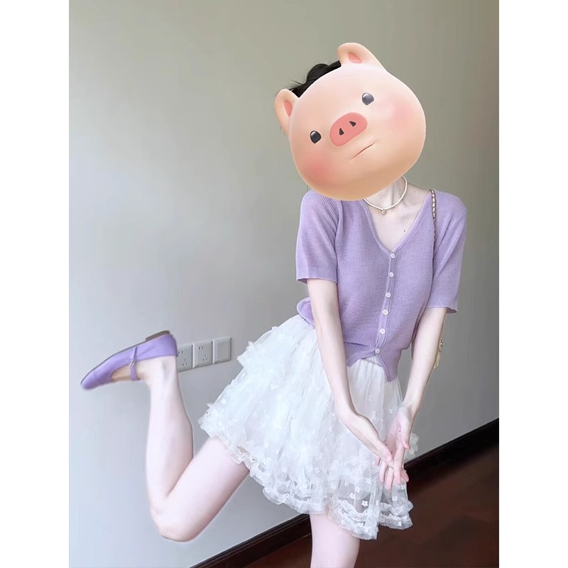 小个子紫色V领短袖针织衫女夏季设计感小众修身显瘦短款开衫上衣