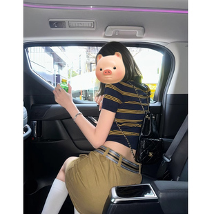 polo衫 撞色条纹翻领冰丝针织短袖 显瘦辣妹短款 T恤女夏季 上衣 修身