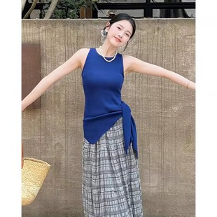多巴胺穿搭上衣 藍色針織吊帶背心女夏外穿不規則收腰綁帶開叉無袖