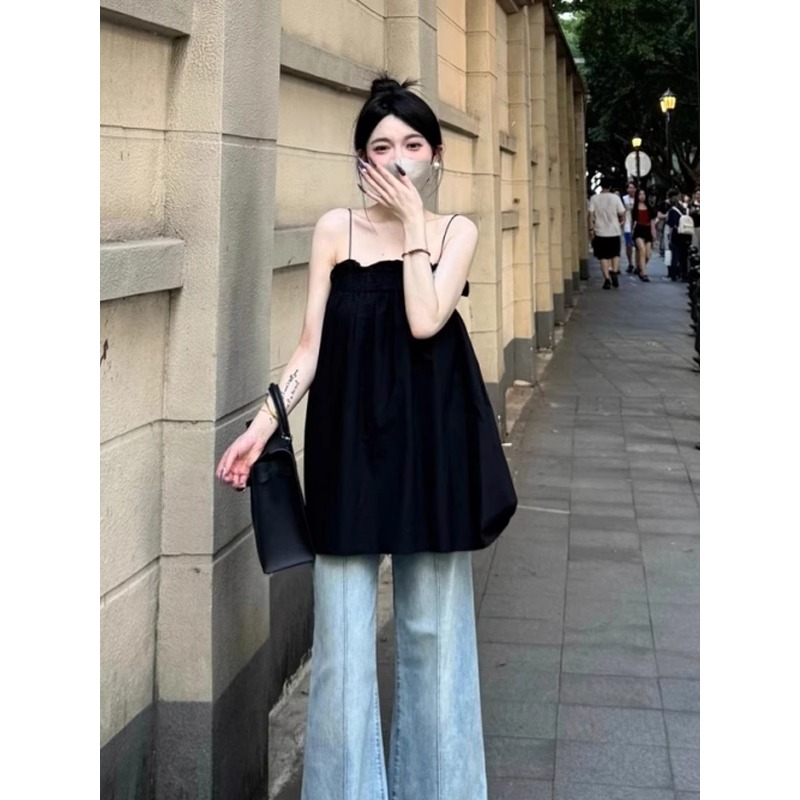 法式抹胸黑色吊带背心女夏外穿海边度假风宽松显瘦无袖娃娃衫上衣