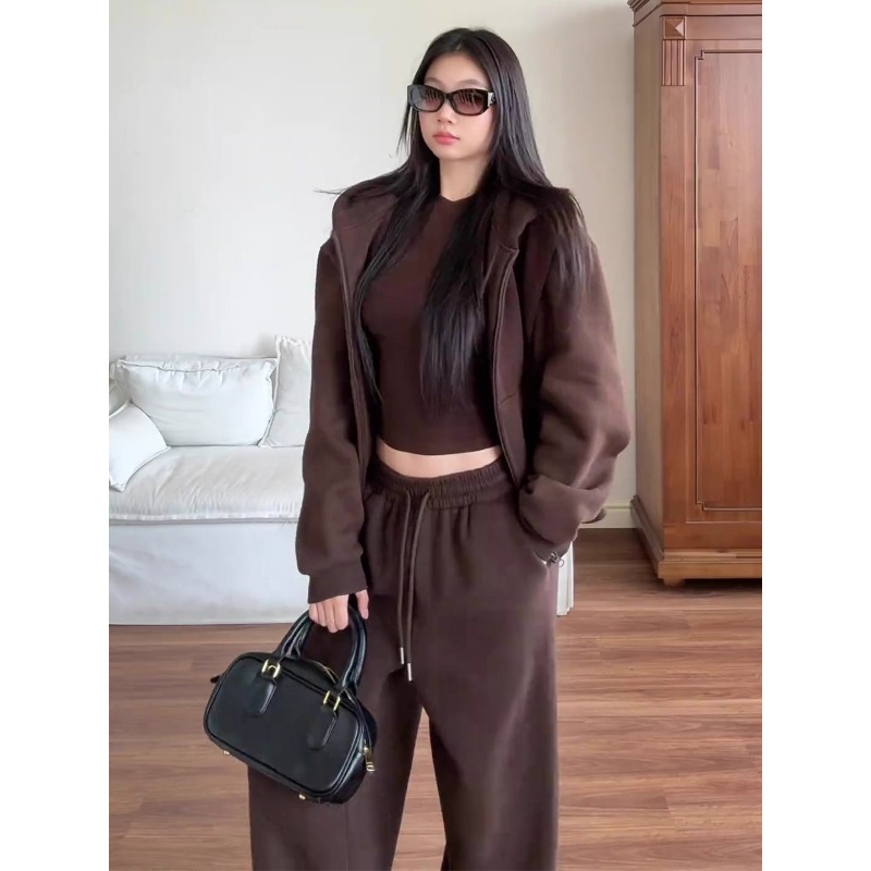 连帽卫衣外套运动阔腿裤两件套装