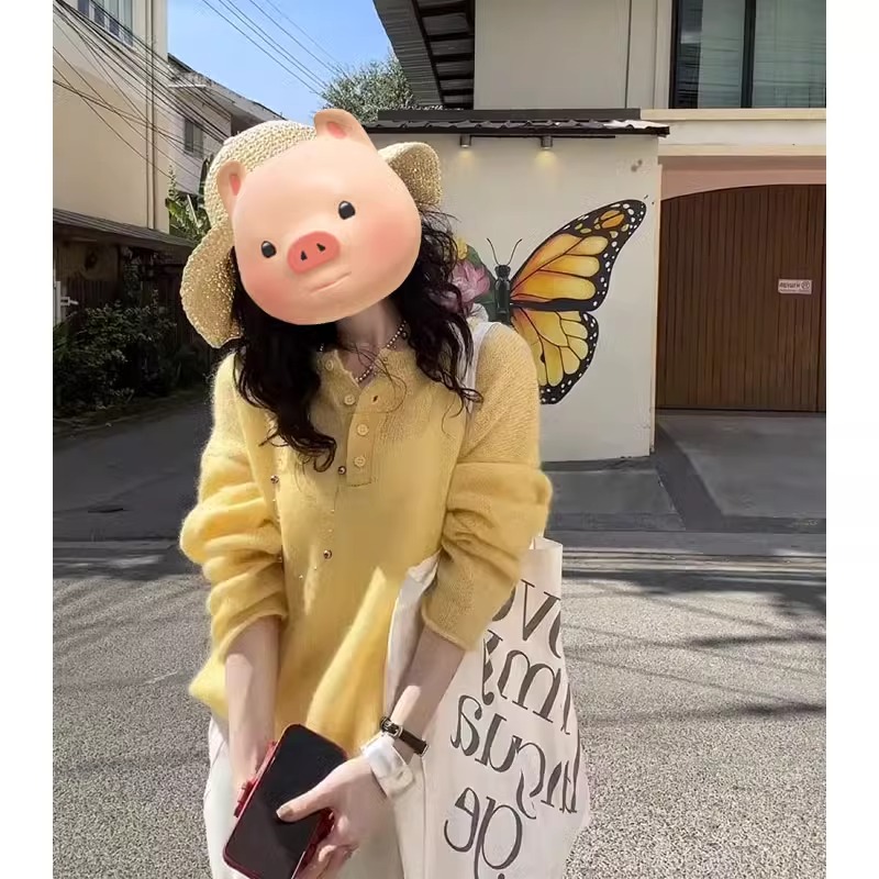 黄色卷边冰丝防晒长袖针织衫女夏季薄款外搭宽松微透空调罩衫上衣