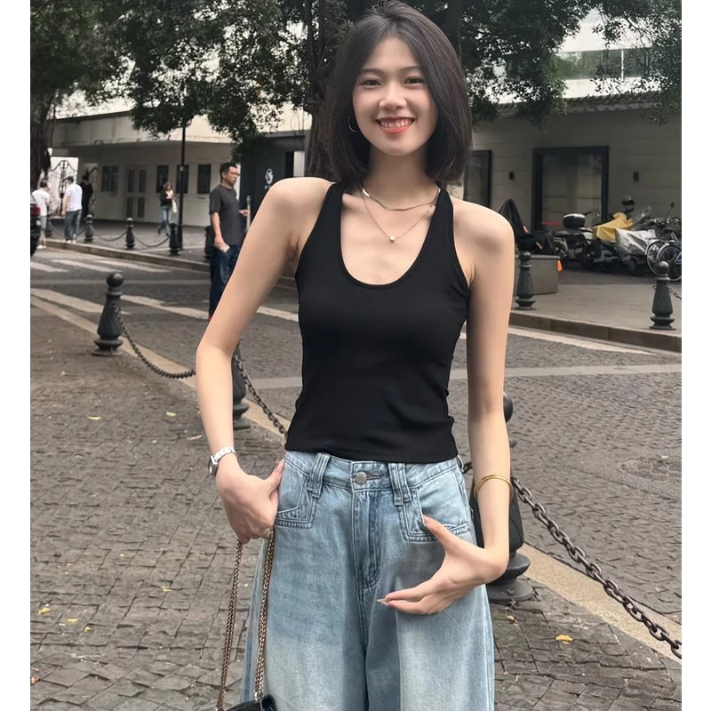 黑色带胸垫挂脖工字吊带背心女夏季外穿修身辣妹短款无袖打底上衣