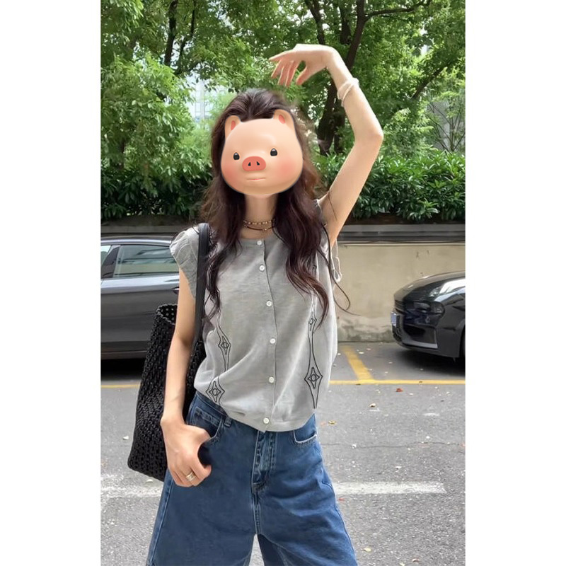 法式小飞袖灰色冰丝亚麻短袖T恤女夏季2025新款修身无袖坎肩上衣