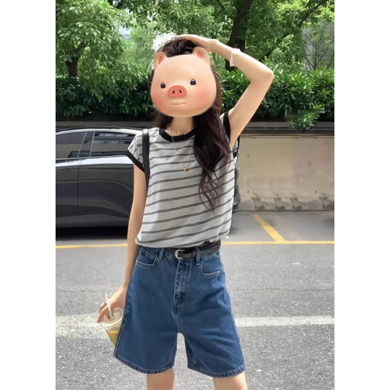 小飞袖撞色条纹冰丝针织短袖T恤