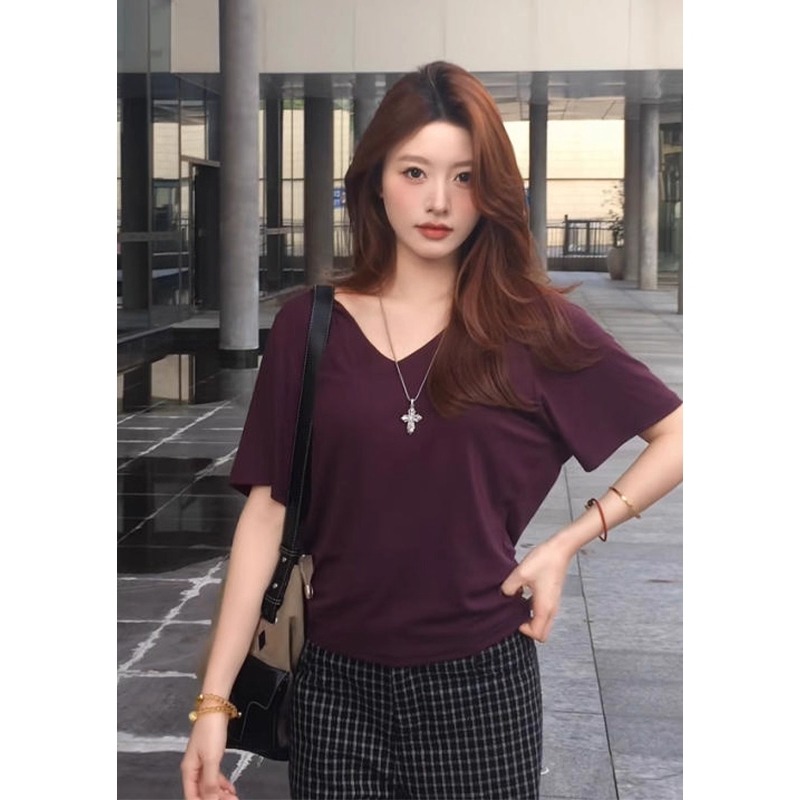 紫色V领正肩短袖T恤女夏季2025新款爆款收腰显瘦褶皱辣妹短款上衣