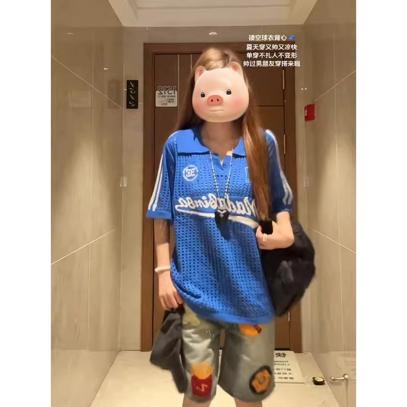 美式篮球服蓝色镂空破洞针织短袖T恤女夏季宽松翻领球衣运动上衣
