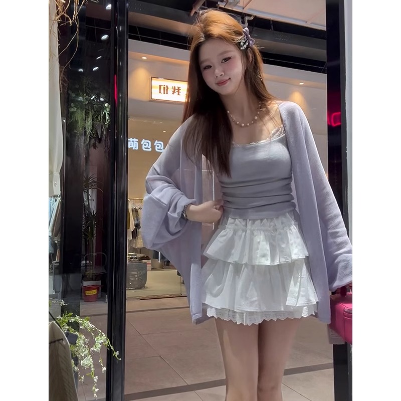 紫色薄款冰丝防晒针织开衫女夏季外搭宽松空调衫吊带上衣两件套装