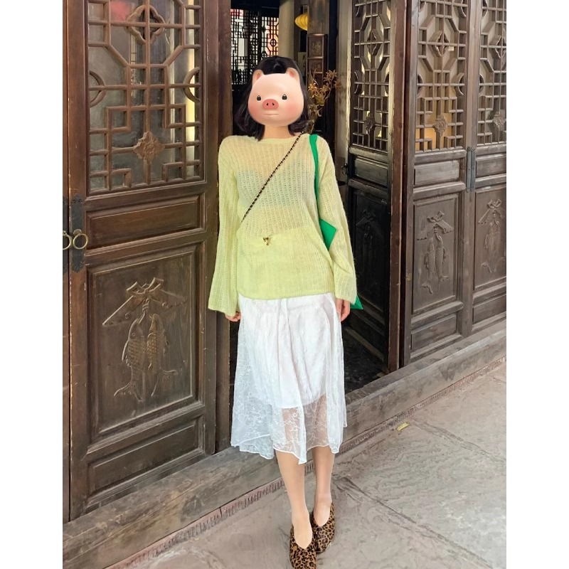 法式镂空绿色冰丝长袖针织衫女夏季薄款外搭罩衫中长款空调衫上衣