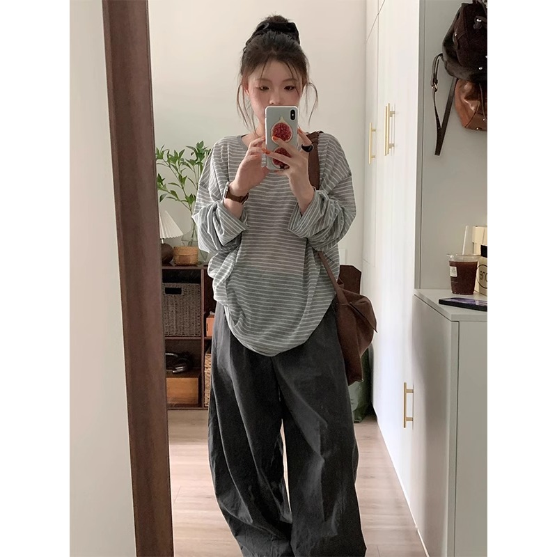 撞色条纹冰丝防晒长袖T恤女夏季薄款外搭微透宽松罩衫空调衫上衣
