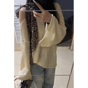 女秋冬法式 针织衫 斜肩毛衣上衣 韩系早秋豹纹丝带拼接长袖 巨好看