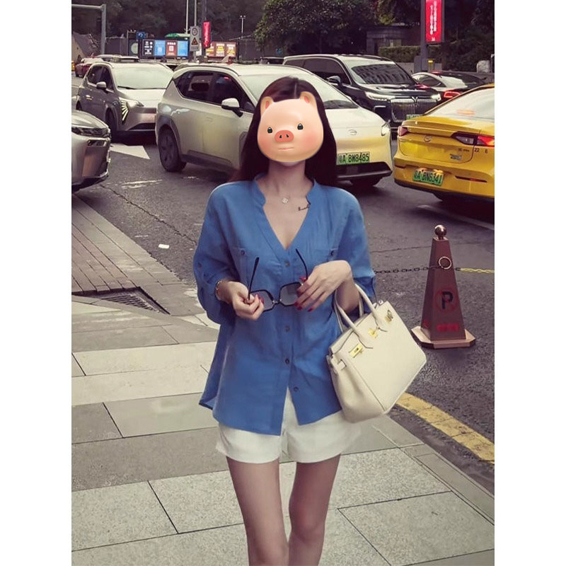 老钱风穿搭法式翻领蓝色防晒长袖衬衫女夏季薄款外搭衬衣开衫上衣