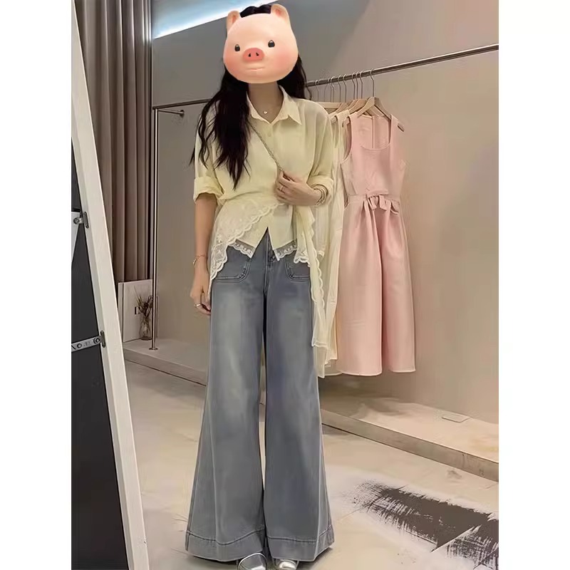 法式蕾丝披肩黄色长袖衬衫女夏季薄款外搭独特超好看衬衣收腰上衣