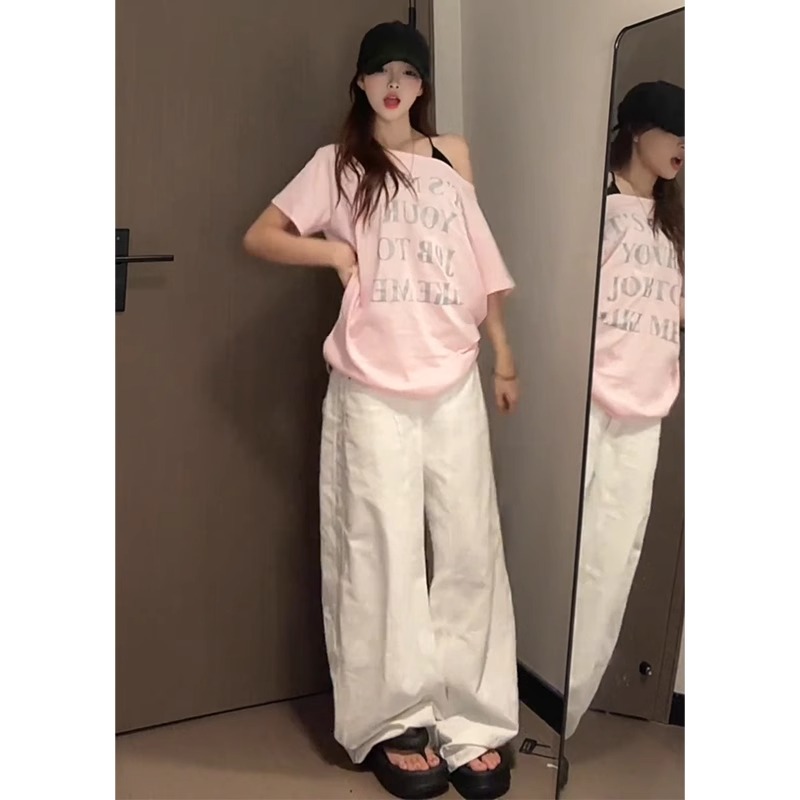 美式字母印花粉色斜肩短袖T恤女夏季2025新款爆款宽松设计感上衣