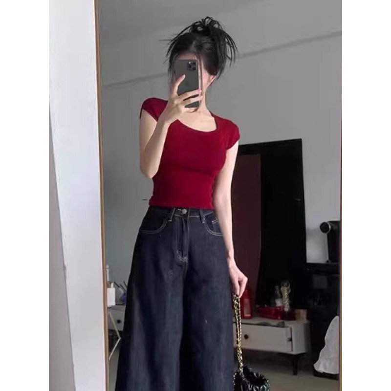 红色方领正肩针织短袖T恤女夏季设计感小众修身短款法式小资上衣
