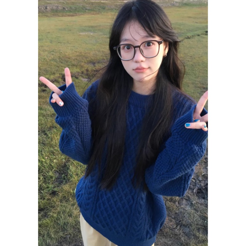 克莱因蓝色圆领套头麻花毛衣女秋