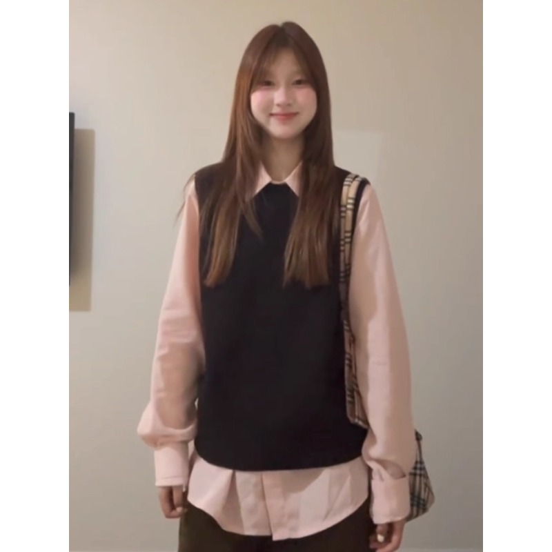 韩系针织马甲背心粉色衬衫两件套
